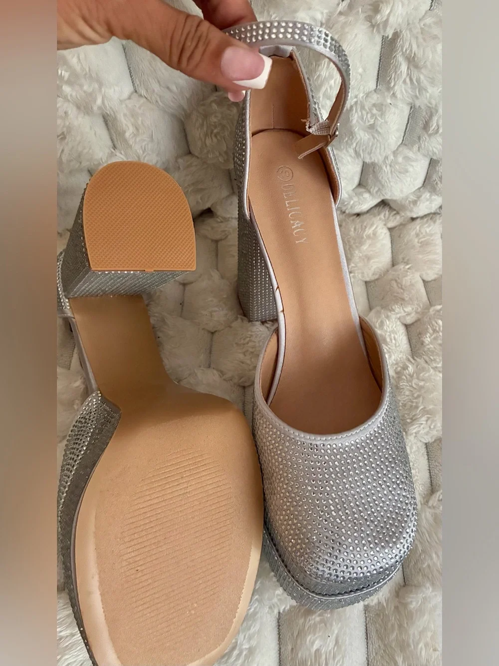 Silver Rhinestone Platform Block Heels with Ankle Strap